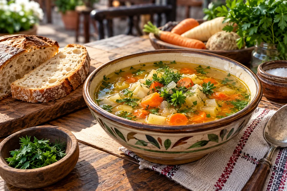 Ciorbă de legume cu verdeață și pâine cu maia — imagine generată AI