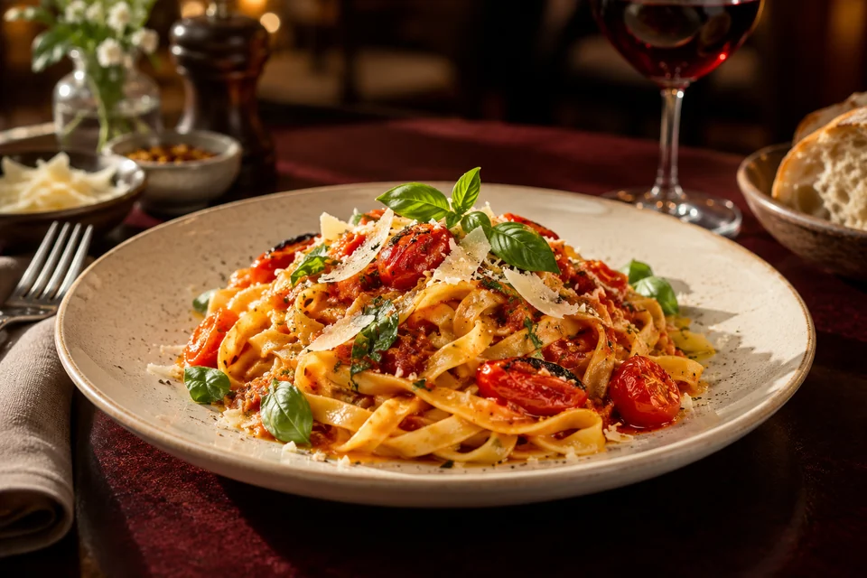 Tagliatelle proaspete cu sos de roșii și parmezan — imagine generată AI