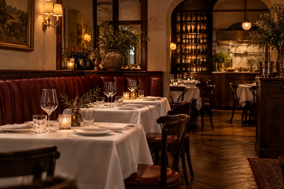 Sală intimă de osteria, cu banchete burgund și lumini din alamă — imagine generată AI