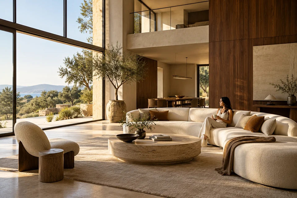Living luminos cu lemn de nuc și mobilier sculptural — imagine generată AI