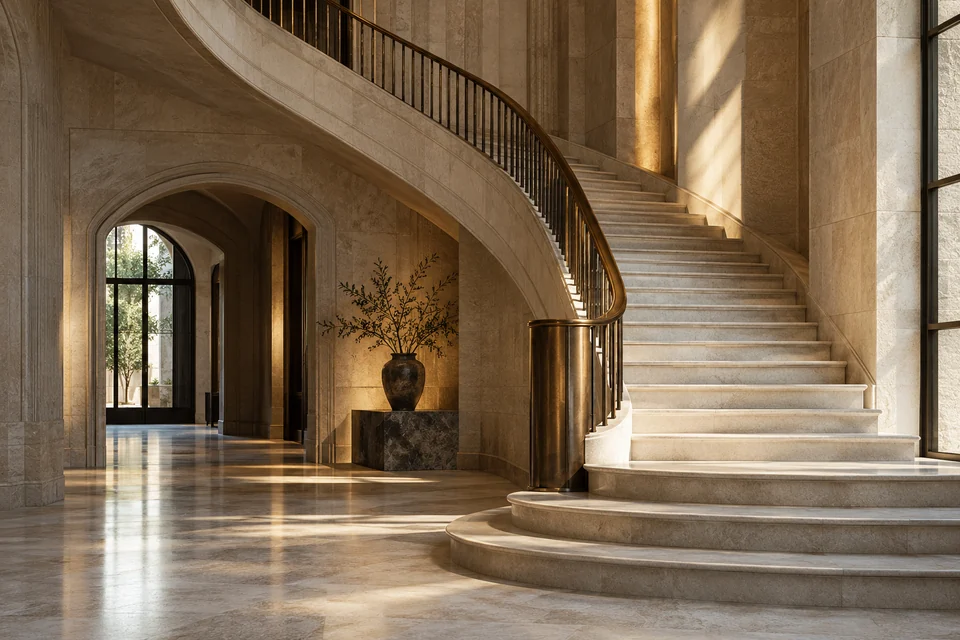 Hol monumental din piatră și scară cu balustradă din bronz — imagine generată AI