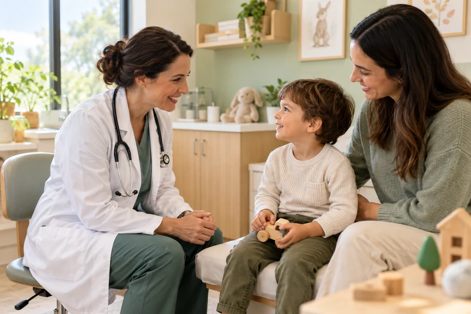 Pediatru fictiv la nivelul privirii unui copil, alături de părinte — imagine generată AI