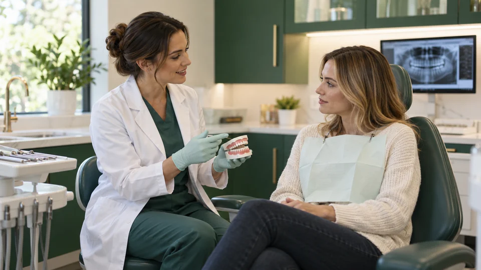 Medic stomatolog fictiv discutând un model dentar cu un pacient — imagine generată AI