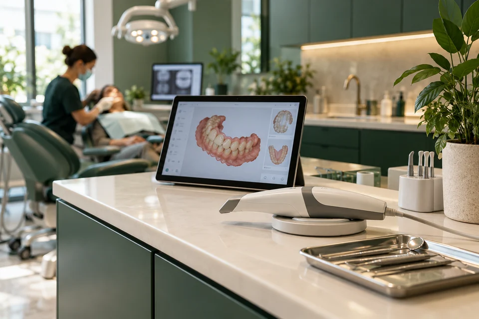 Echipament de diagnostic dentar pe un blat ivory — imagine generată AI
