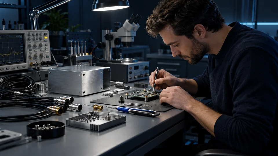 Banc de lucru cu electronică de precizie și carcase metalice — imagine generată AI