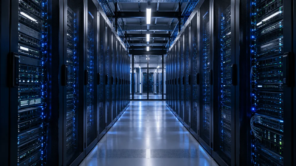 Culoar de centru de date cu rackuri și reflexii albastre discrete — imagine generată AI