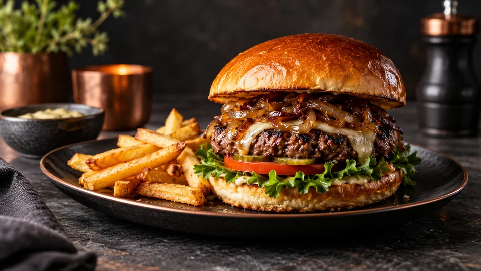 Burger gourmet cu cartofi într-o farfurie ceramică închisă — imagine generată AI