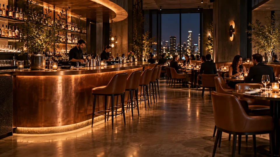 Restaurant urban cu bar din cupru și banchete cognac — imagine generată AI