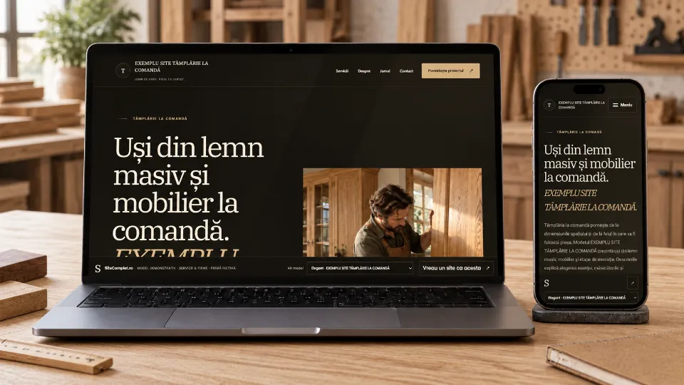 Atelier de tâmplărie cu laptop și telefon